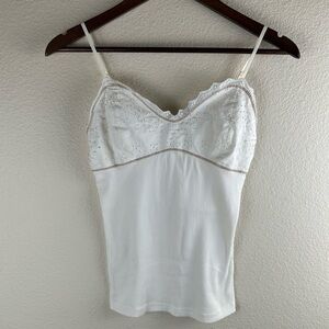 Vintage Y2K Babydoll Cami Sz Medium Ivory Beaded Ribbed Coquette Romantic Fairy